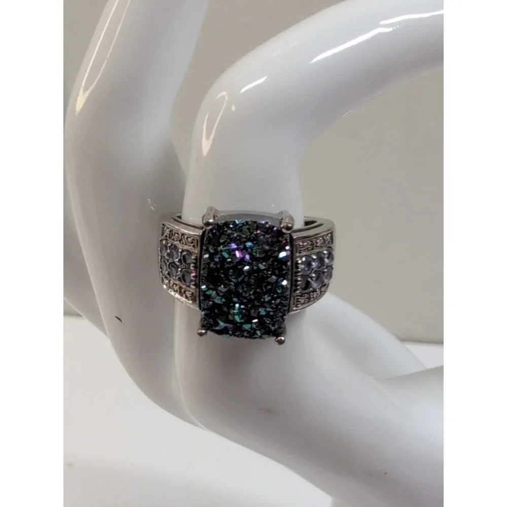 Vintage‎ Multi-Color Druzy 925 Sterling Silver  Ring Size 7 US